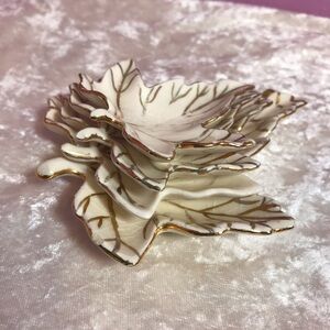 Vintage Set of White & Gold Leaf Trinket Dishes GUC Retro MCM Decor Autumn Fall